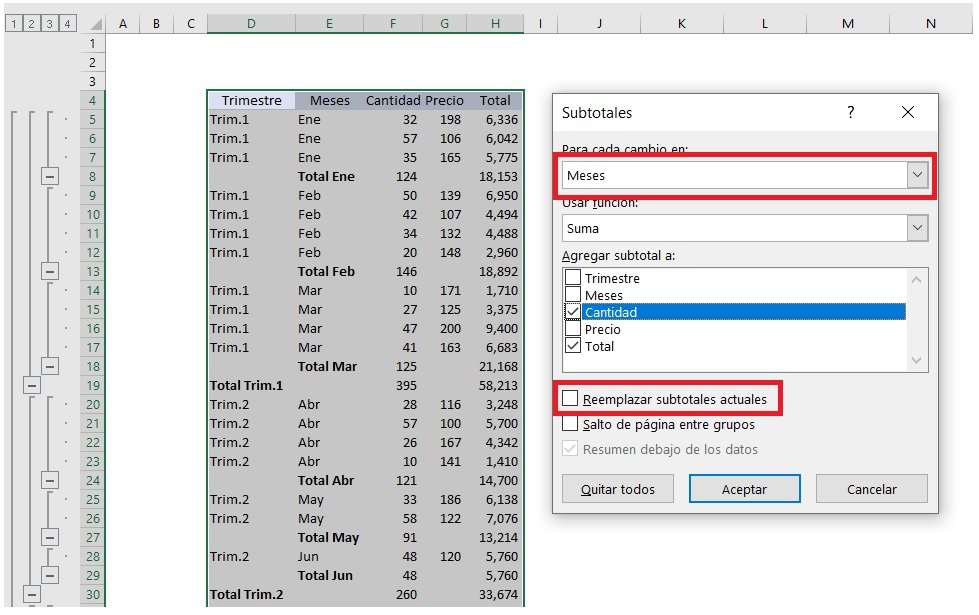 subtotales dos campos